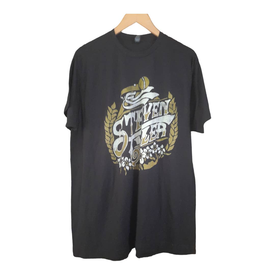 Steven Tyler Mens Black Gold Graphic Short Sleeve Microphone TShirt Size Xl